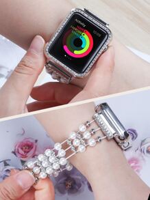2pcs Faux Pearl Decor Watchband & Case Compatible With Apple Watch - Silver - View 5