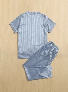 Men Vertical Striped Jacquard Contrast Piping Satin PJ Set - Dusty Blue - View 2