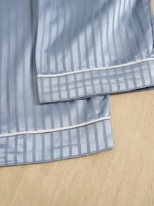 Men Vertical Striped Jacquard Contrast Piping Satin PJ Set - Dusty Blue - View 3