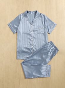 Men Vertical Striped Jacquard Contrast Piping Satin PJ Set - Dusty Blue - View 4