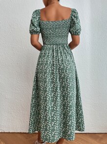 SHEIN Frenchy Đầm Tách cao Thắt nơ trước Nếp gấp Phần Ngực Họa tiết hoa Giải trí - màu xanh lá - Xem 2