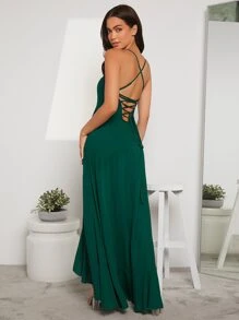 SHEIN BAE Lace Up Backless Ruffle Trim Wrap Maxi Cami Dress - Dark Green - View 2