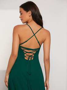 SHEIN BAE Lace Up Backless Ruffle Trim Wrap Maxi Cami Dress - Dark Green - View 5