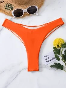 SHEIN Swim 卷邊後綁帶高腰小褲底，夏季沙灘泳衣 - 橘色 - 查看 5