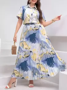 Modelyn Plus Marble Print Blouse & Pleated Skirt - Multicolor - View 3