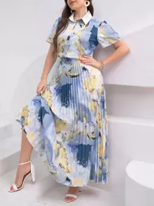 Modelyn Plus Marble Print Blouse & Pleated Skirt - Multicolor - View 5