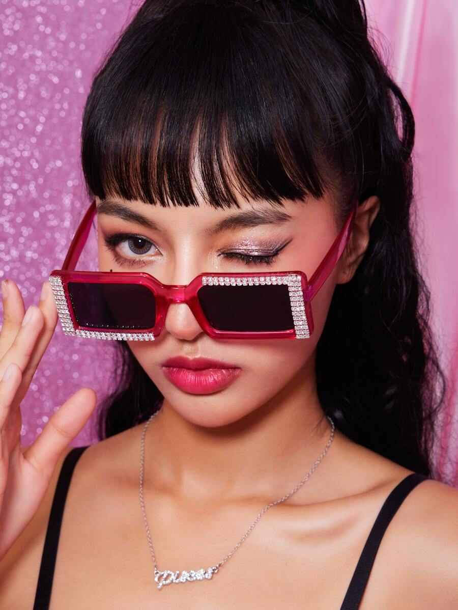ROMWE con diseño de diamante de imitación Marco Gafas de moda - Rosa Fucsia - Ver 1