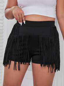 大碼流蘇邊短褲 - 黑色 - 查看 1