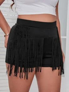 大碼流蘇邊短褲 - 黑色 - 查看 3