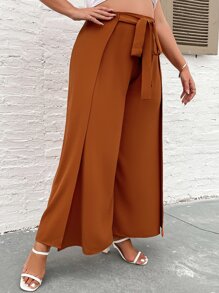 Plus Knot Front Wrap Wide Leg Trousers - Rust Brown - View 7