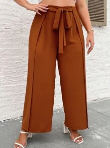Plus Knot Front Wrap Wide Leg Trousers - Rust Brown - View 5