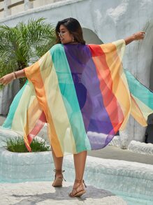 Plus Rainbow Striped Batwing Sleeve Sheer Mesh Kimono - Multicolor - View 1