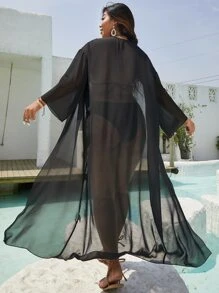 SHEIN Clasi Summer Beach Plus Drop Shoulder Sheer Mesh Kimono - Black - View 1