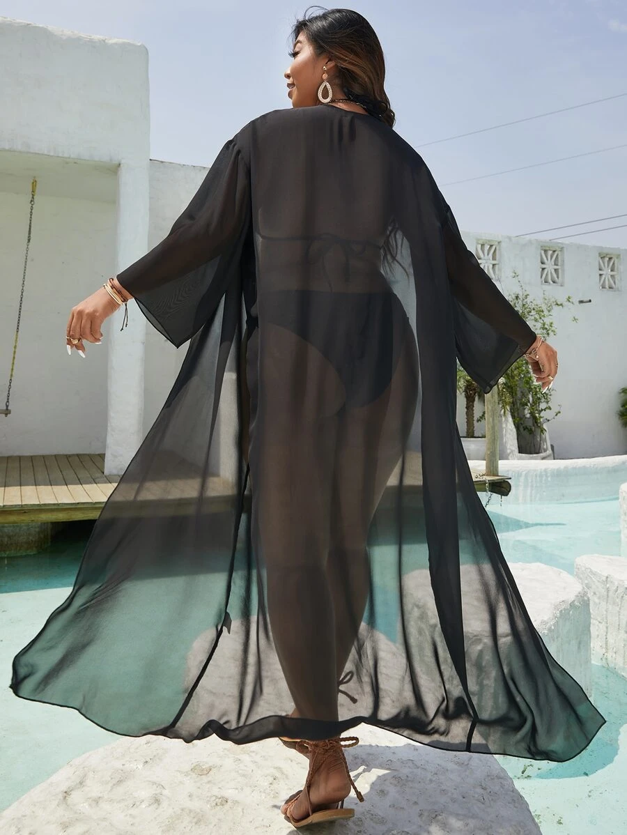 SHEIN Clasi Summer Beach Plus Drop Shoulder Sheer Mesh Kimono - Black - View 1