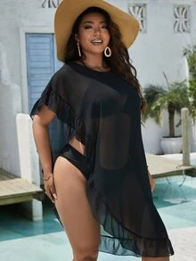 Plus Ruffle Trim Batwing Sleeve Asymmetrical Hem Cover Up Dress Without Bikini, For Summer Beach Vacation - Black - View 6