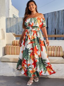 SHEIN Holidaya Plus Palm Tree Print Off Shoulder Ruffle Trim Belted Dress - Multicolor - View 4