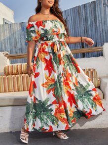 SHEIN Holidaya Plus Palm Tree Print Off Shoulder Ruffle Trim Belted Dress - Multicolor - View 3