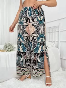 Pantalones de pierna ancha con estampado de voluta bajo con abertura - Multicolor - Ver 1
