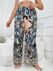 Pantalones de pierna ancha con estampado de voluta bajo con abertura - Multicolor - Ver 3