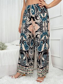 Pantalones de pierna ancha con estampado de voluta bajo con abertura - Multicolor - Ver 5