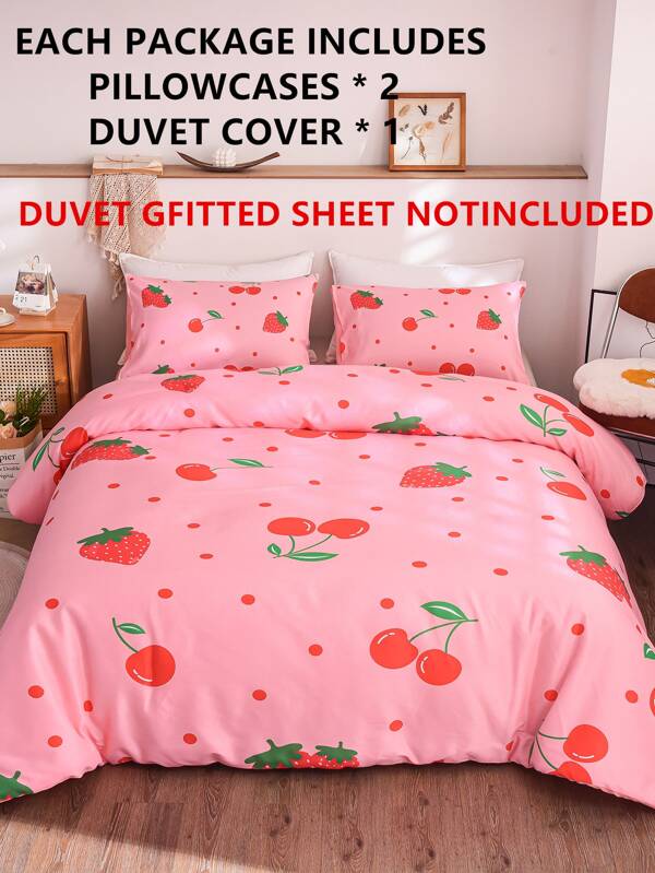 Cherry Print Duvet Cover Set Without Filler SHEIN USA