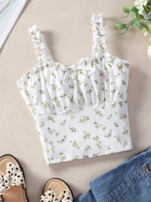 女孩碎花褶邊吊帶上衣 - 白色 - 查看 1