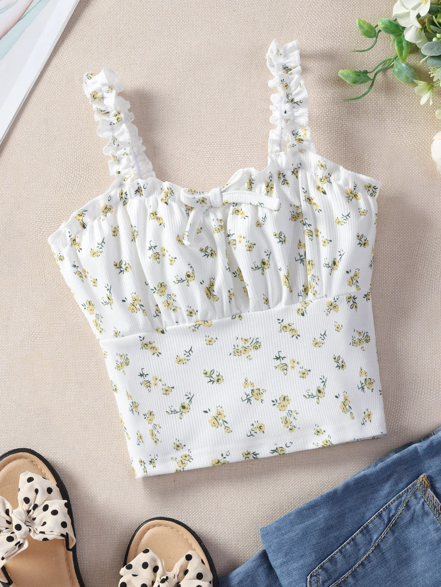 女孩碎花褶邊吊帶上衣 - 白色 - 查看 1