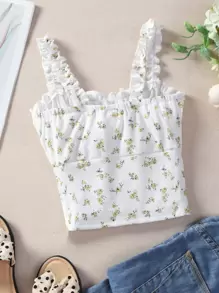 女孩碎花褶邊吊帶上衣 - 白色 - 查看 2