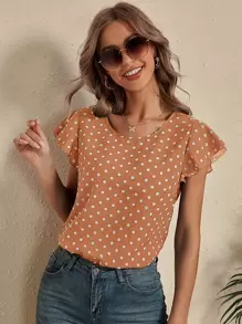 SHEIN LUNE Polka Dot Butterfly Sleeve Blouse - Camel - View 1