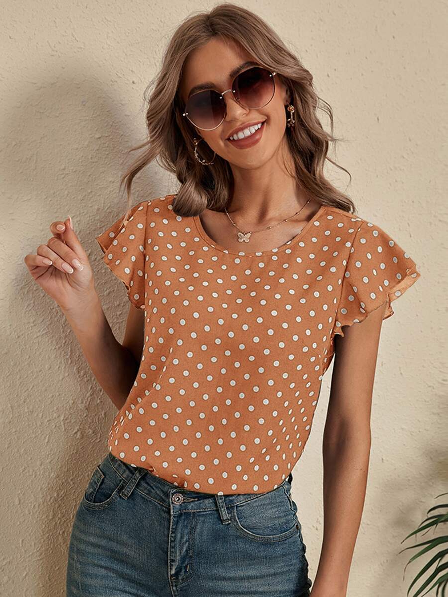SHEIN LUNE Polka Dot Butterfly Sleeve Blouse - Camel - View 1