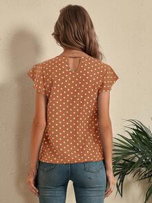 SHEIN LUNE Polka Dot Butterfly Sleeve Blouse - Camel - View 2