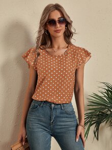 SHEIN LUNE Polka Dot Butterfly Sleeve Blouse - Camel - View 3