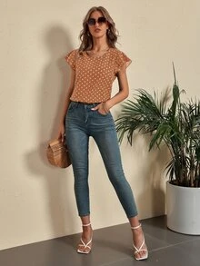 SHEIN LUNE Polka Dot Butterfly Sleeve Blouse - Camel - View 4