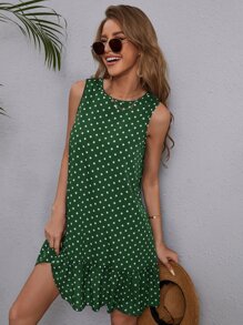 SHEIN LUNE Polka Dot Ruffle Hem Dress - Dark Green - View 1