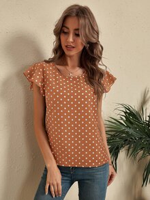 SHEIN LUNE Polka Dot Butterfly Sleeve Blouse - Camel - View 5
