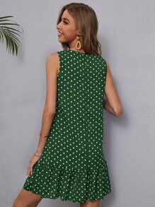 SHEIN LUNE Polka Dot Ruffle Hem Dress - Dark Green - View 2