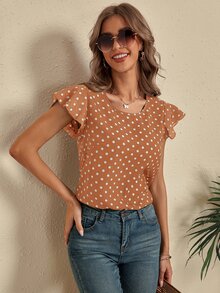 SHEIN LUNE Polka Dot Butterfly Sleeve Blouse - Camel - View 6
