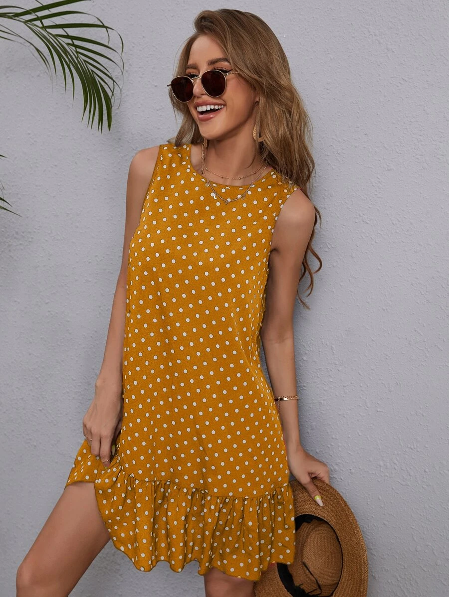 SHEIN LUNE Đầm Viên lá sen Chấm bi Boho - Màu vàng - Xem 1