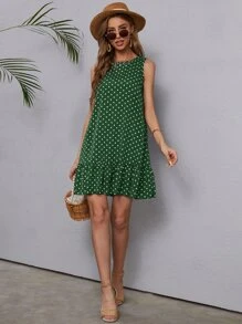 SHEIN LUNE Polka Dot Ruffle Hem Dress - Dark Green - View 3