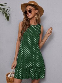 SHEIN LUNE Polka Dot Ruffle Hem Dress - Dark Green - View 4