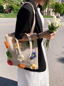 Flower Decor Straw Bag