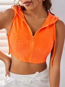 SHEIN EZwear Neon Orange Hooded Neck Zip Front Tank Top - Orange - View 1