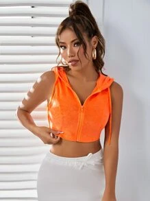 SHEIN EZwear Neon Orange Hooded Neck Zip Front Tank Top - Orange - View 4