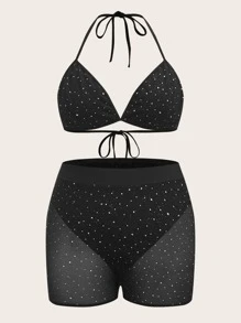 SHEIN ICON Plus Sequin Detail Backless Knot Mesh Halter Top & Shorts - Black - View 1