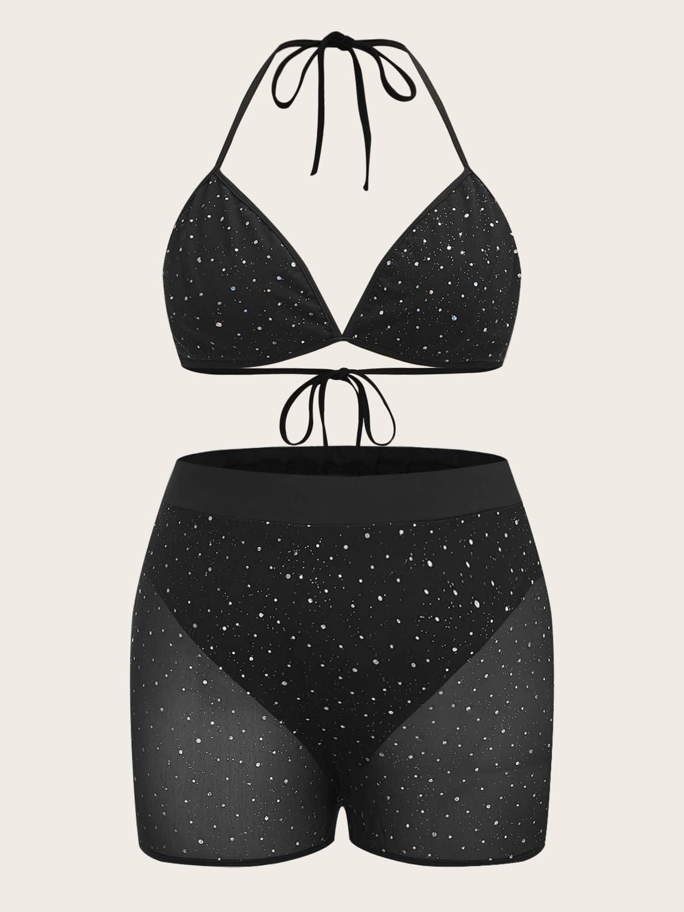 SHEIN ICON Plus Sequin Detail Backless Knot Mesh Halter Top & Shorts - Black - View 1