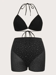 SHEIN ICON Plus Sequin Detail Backless Knot Mesh Halter Top & Shorts - Black - View 2