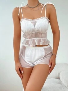 Pure Desire 肩上打結褶邊荷葉邊網紗內衣套裝 - 白色 - 查看 5