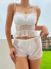 Pure Desire 肩上打結褶邊荷葉邊網紗內衣套裝 - 白色 - 查看 6