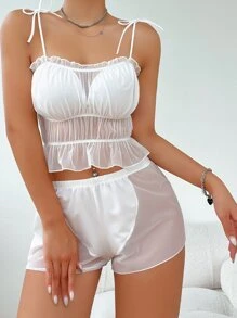 Pure Desire 肩上打結褶邊荷葉邊網紗內衣套裝 - 白色 - 查看 7