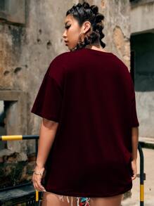Flirla Plus Butterfly & Letter Graphic Drop Shoulder Tee - Burgundy - View 2